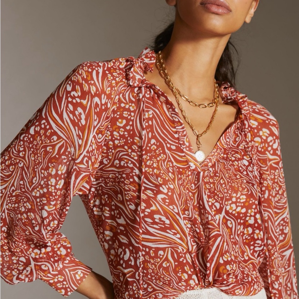 Anthropologie Sheer Printed Peasant Blouse